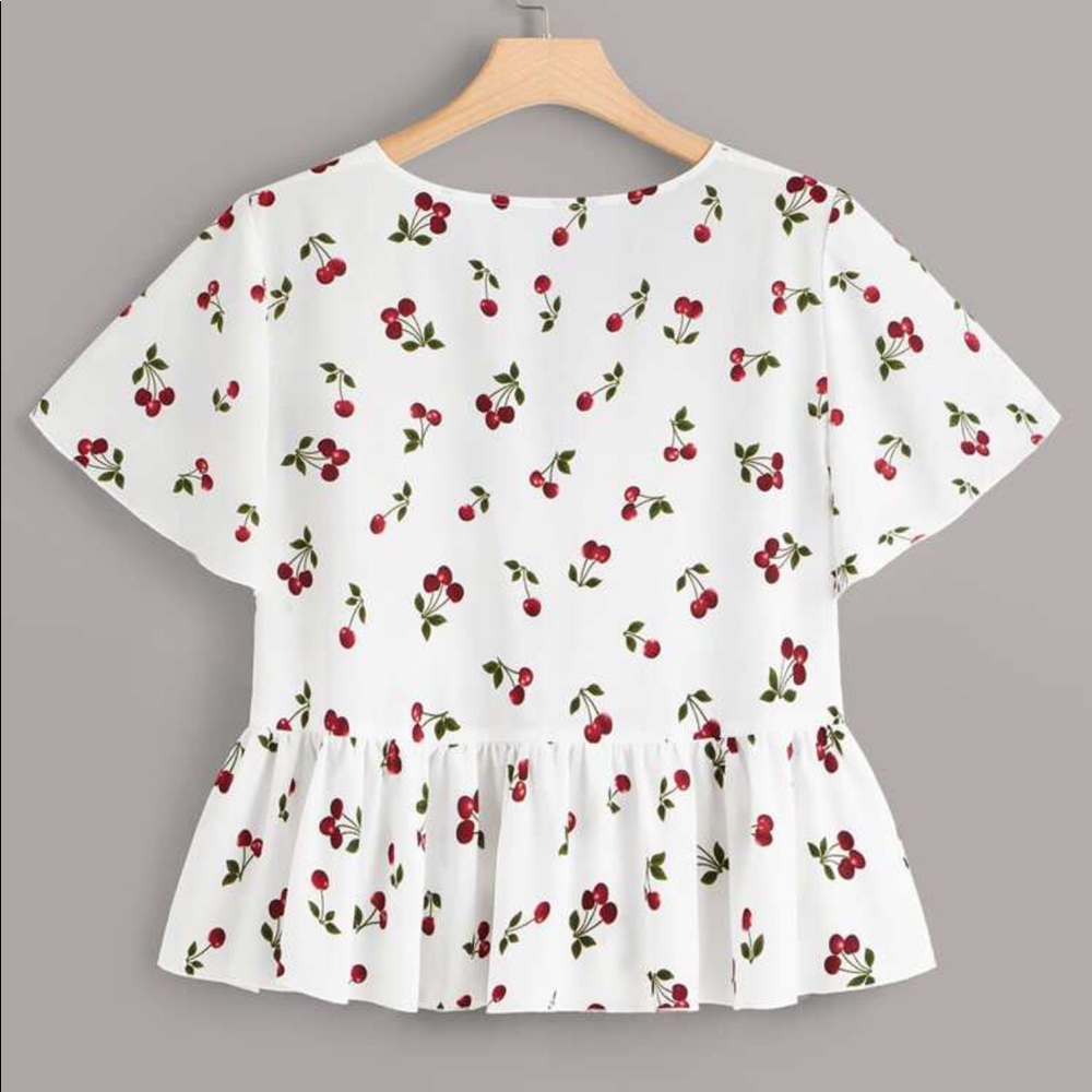 White Cherry 🍒 Print Peplum Ruffle Edge Top - Picture 4 of 7